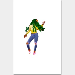 Sparkle and Dance  - dancing woman wearing blue denim jeans and green braids in her Hair Posters and Art